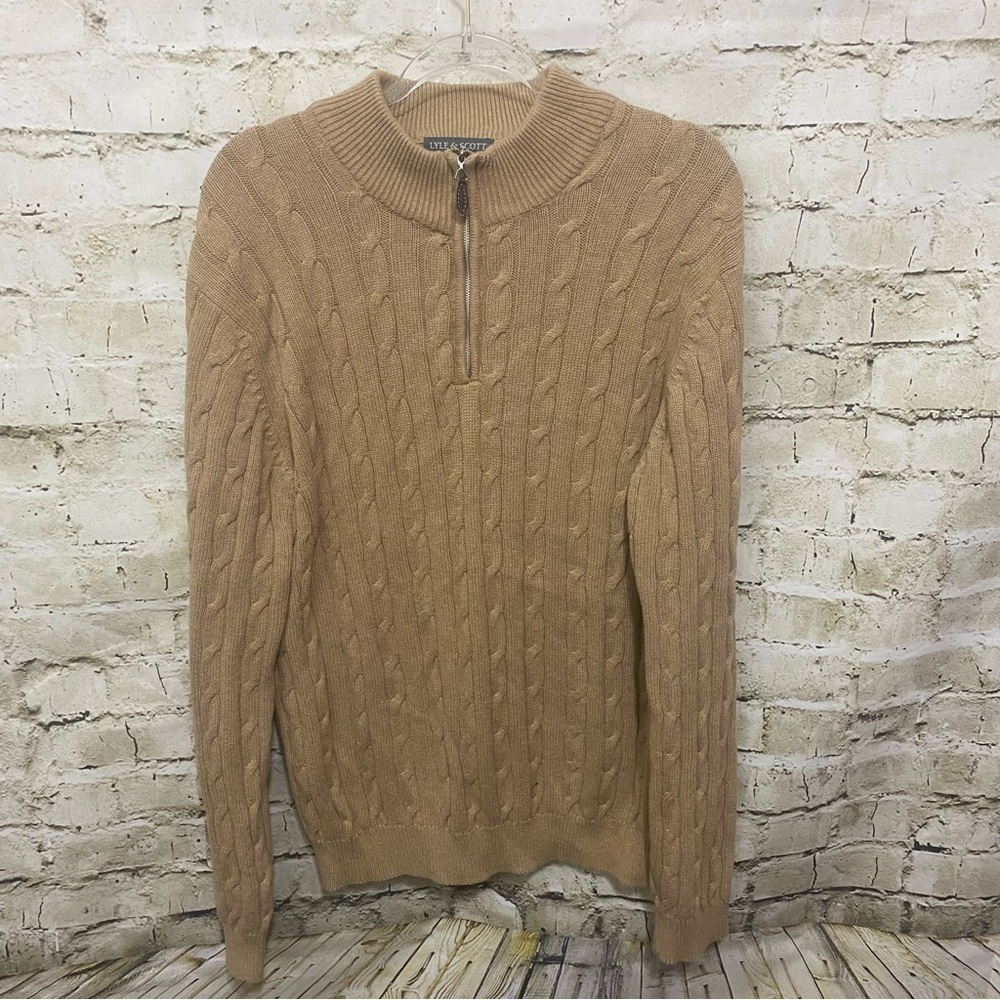 Lyle & Scott Tan Combed Cotton Cable Knit 1/4 Zip Sweater